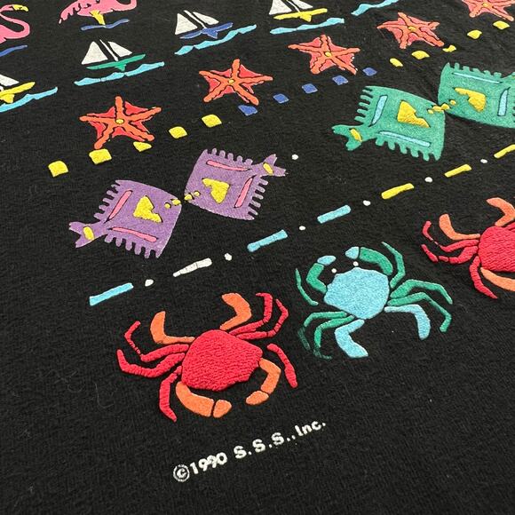 Hanes Beefy-T Vintage T-shirt Size Large Puffy Print Ocean Critters Crab Fish - Picture 6 of 7